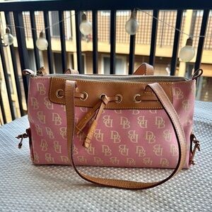 VINTAGE Dooney & Bourke Pink and Tan Shoulder Bag with Gold Accents